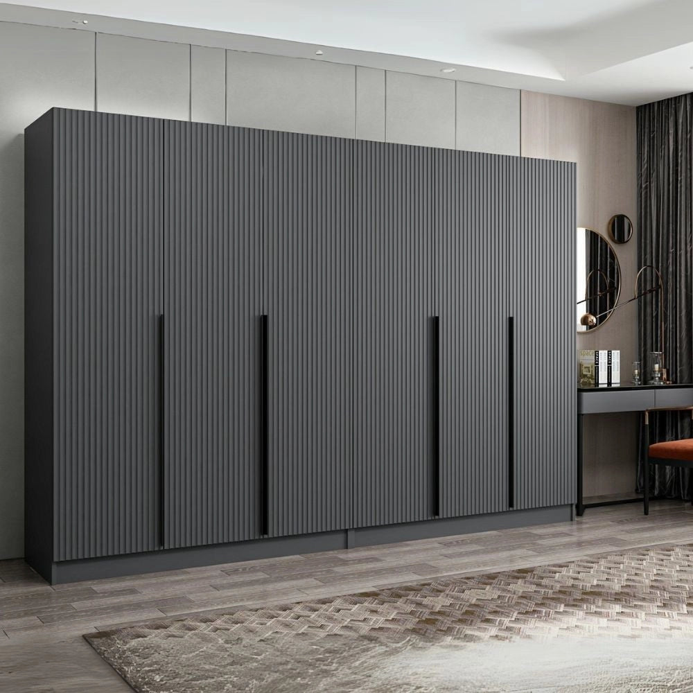 Armadio Kale 6 ante battenti effetto cannettato antracite 270x52x210H – Eleganza e capienza