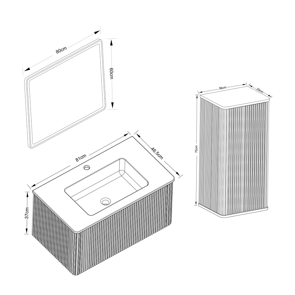 Set mobili da bagno con lavabo e specchio LED, mobile sospeso bianco in MDF