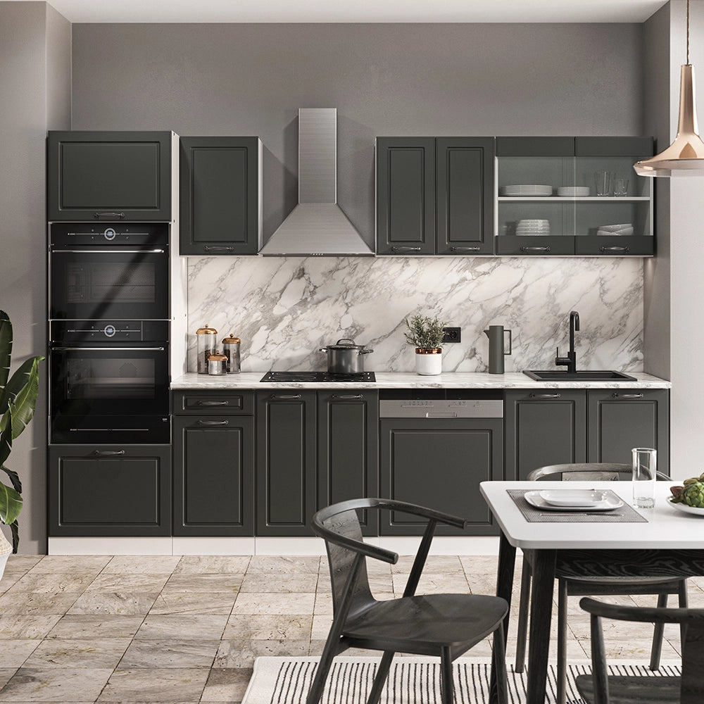 Vicco Cucina componibile Antracite casa di campagna/bianco 300 cm con armadio alto, PL Marmo
