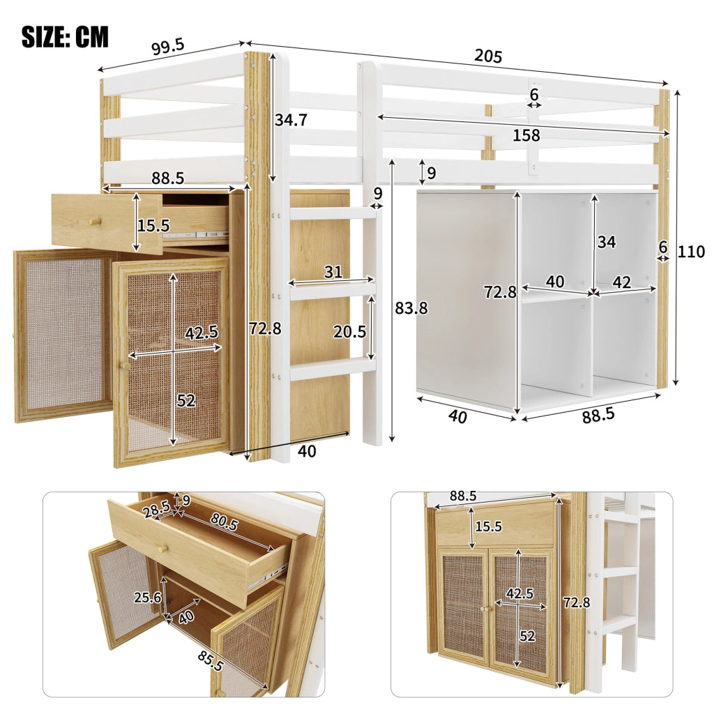 DESMIU Letto a Soppalco Singolo con 2 Armadi Contenitore e Scala, 90 × 200 cm, senza materasso, Naturale e Bianco