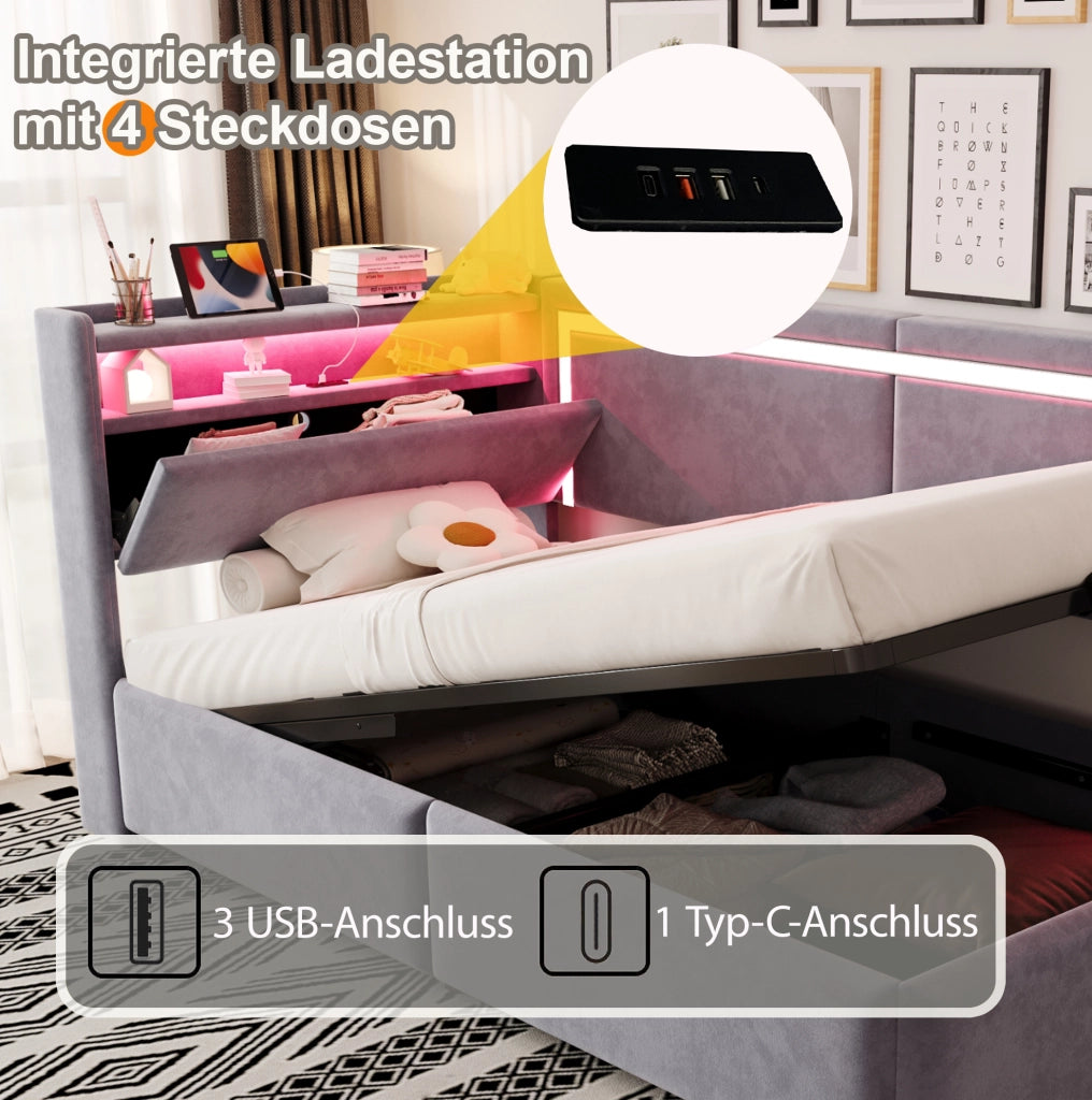 Divano letto imbottito 90x200 cm con contenitore; LED; USB e velluto grigio chiaro
