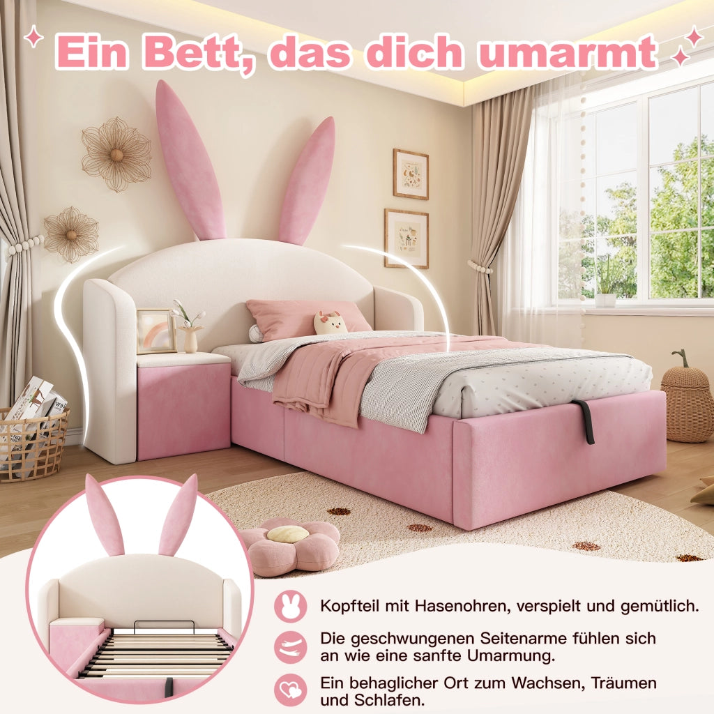 LETTO 90x200 cm in velluto beige e rosa con comodino laterale