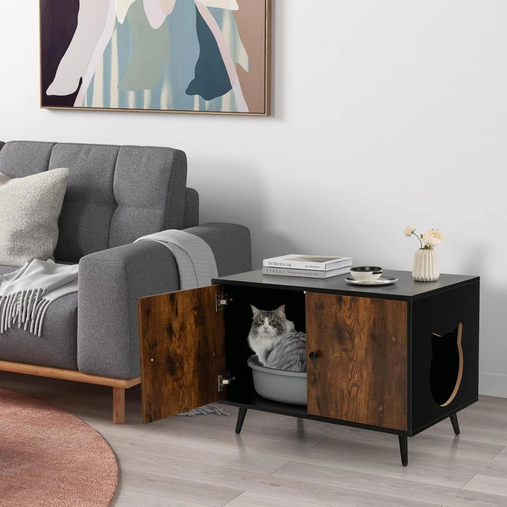 Mobile per Lettiera per Gatti, Casetta per Gatti con Divisore e 2 Ingressi a Forma di Testa di Gatto, Tavolino in Legno Versatile per Salotto, 80 x 50 x 57 cm, Marrone e Nero
