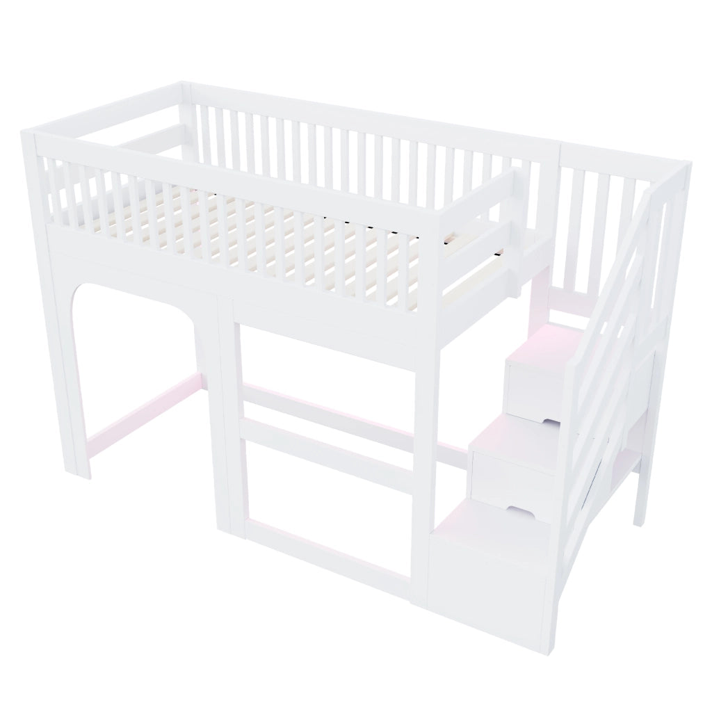 LETTO a soppalco per bambini 90x200 cm in legno bianco con scale contenitore e LED