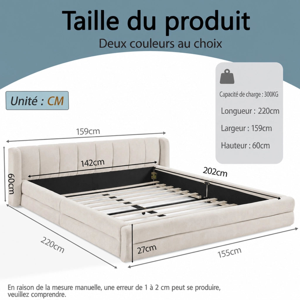 DESMIU Lit matrimoniale 140 × 200 cm con testiera imbottita, senza materasso, in ciniglia, beige