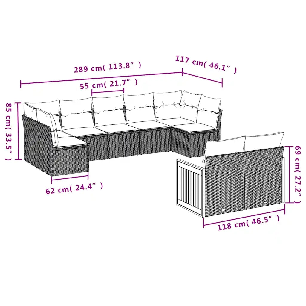 Set Divani da Giardino 9 pz con Cuscini Nero in Polyrattan 3227968