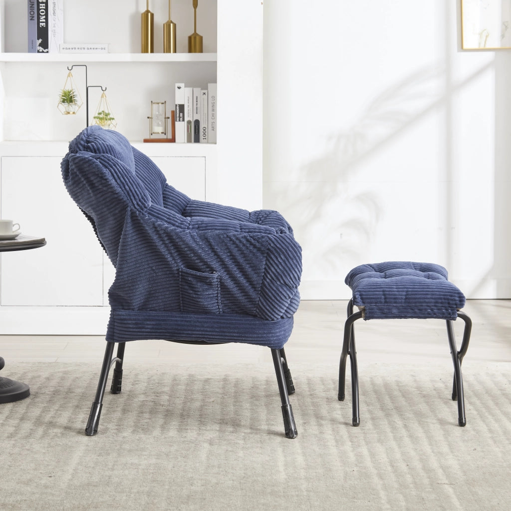 Poltrona relax moderna con poggiapiedi e tascone laterale - Zephmum - Blu marino per spazi piccoli