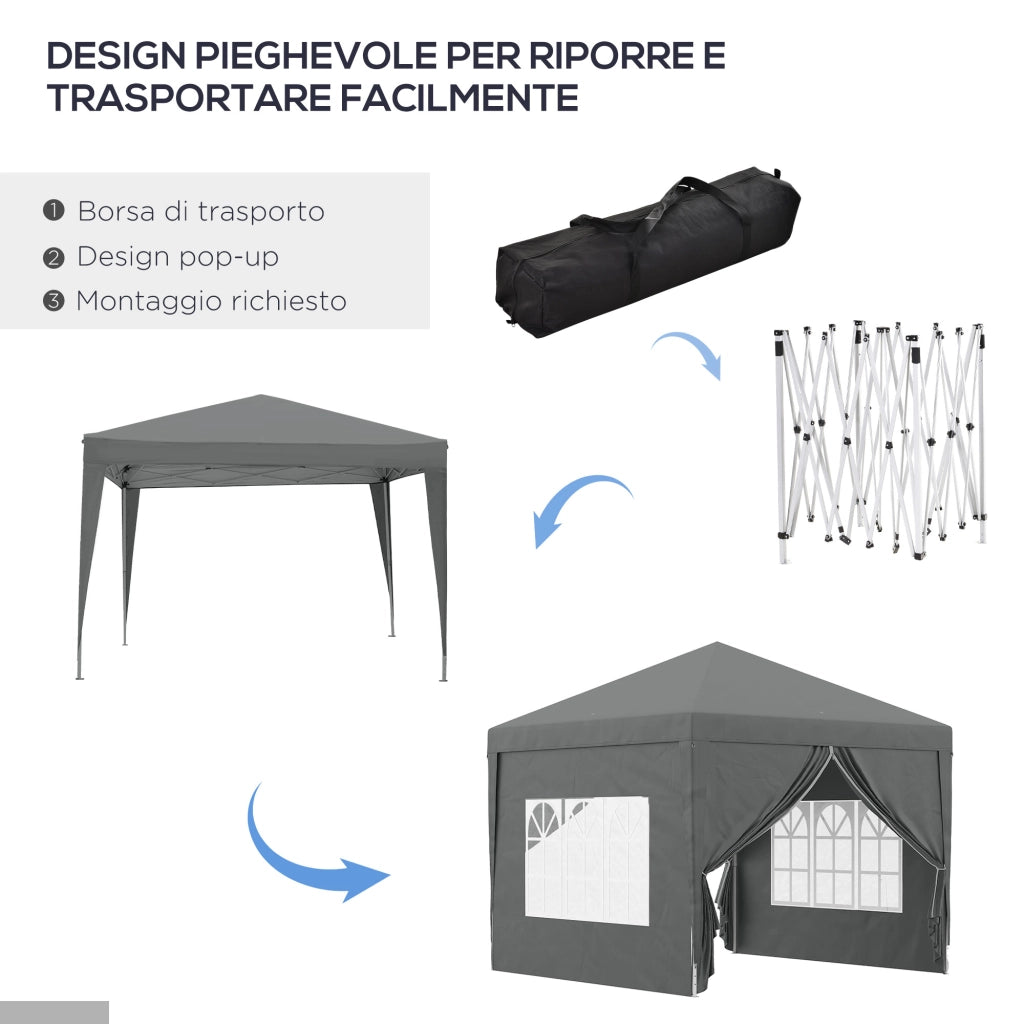 Gazebo da Esterno 3x3 m Pieghevole con 4 Pannelli Laterali. in Acciaio e Tessuto Oxford Grigio