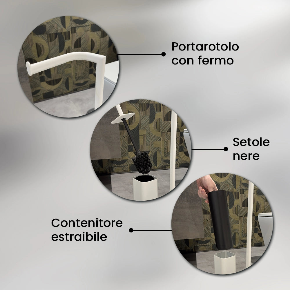 Piantana porta rotolo e scopino da appoggio in acciaio bianco opaco Fusion