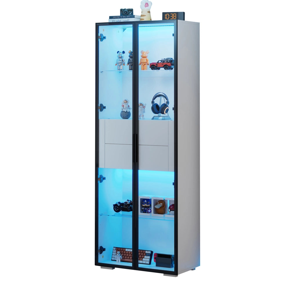 Vetrina con porta in vetro temperato; 2 cassetti e LED app; 60 x 40 x 160 cm; MDF; bianco e nero