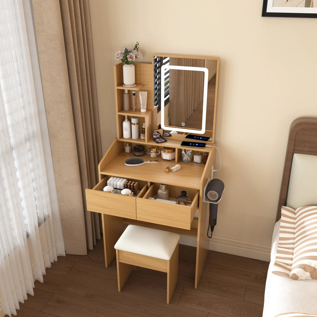 Toeletta compatta con specchio LED regolabile, presa integrata, supporto phon, cassetti e sgabello imbottito, effetto legno naturale