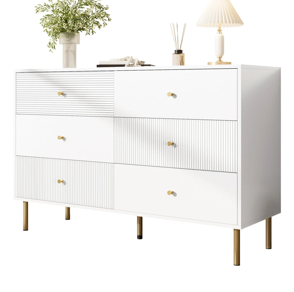Cassettiera moderna a 6 cassetti 120x40x78 cm in MDF bianco con maniglie in lega di zinco