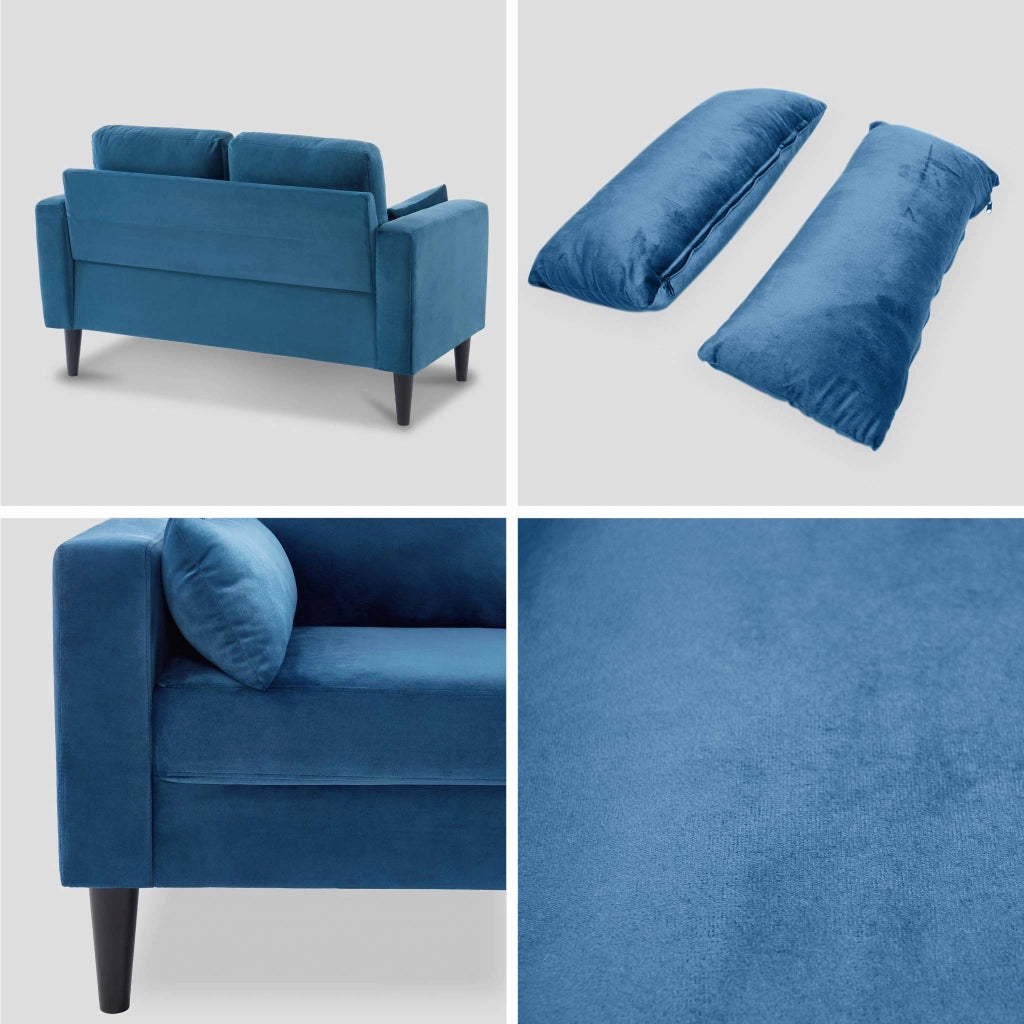 Divano in tessuto con gambe in legno, 2 posti, blu