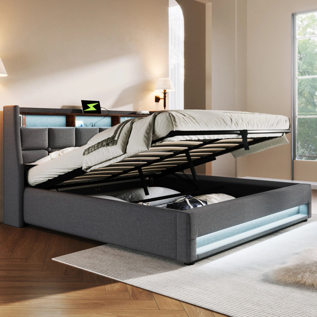 Letto imbottito 140x200 cm con LED, USB, vano contenitore e materasso incluso