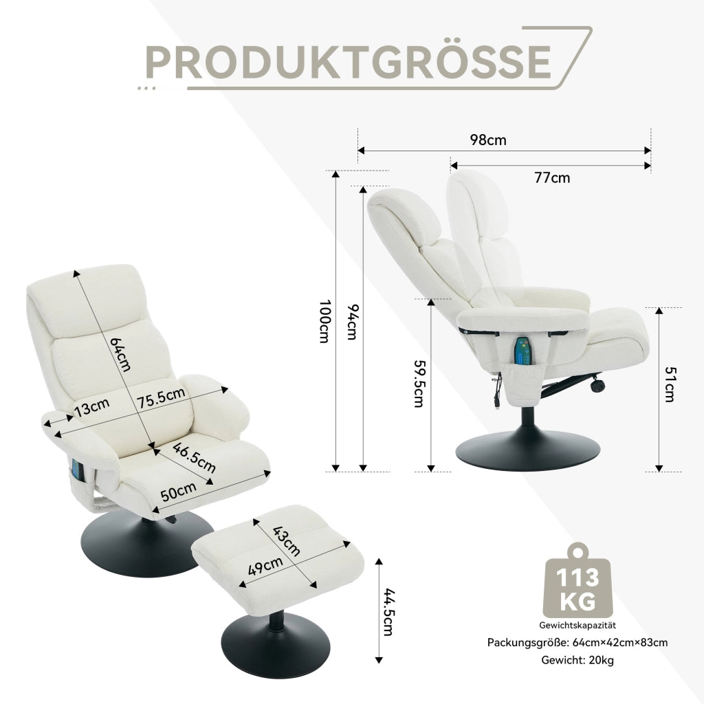 Poltrona Relax Reclinabile Massaggiante Elettrica con Poggiapiedi ¨C MINIMAL ¨C Chenille Bianco, Girevole 360¡ã