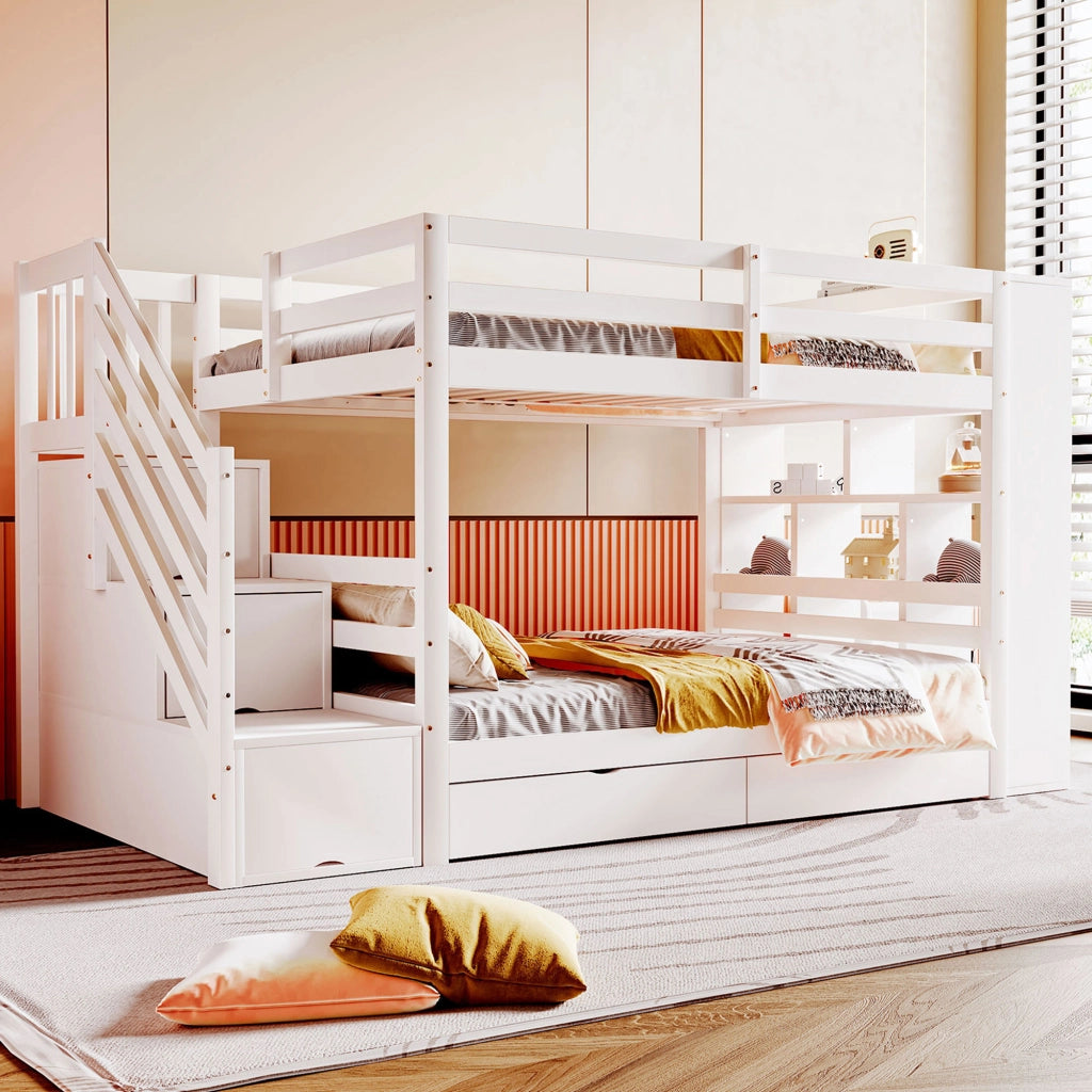 OKWISH Letto a Castello 90×200 cm, Letto Singolo con Scala con Contenitori, 2 Cassetti, Armadietti e Sponde Alte, senza Materasso, Bianco