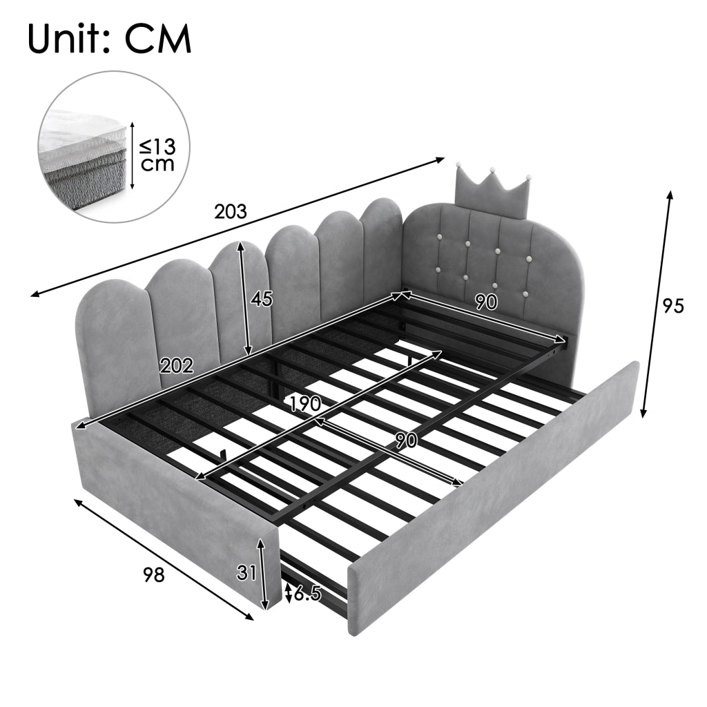 DESMIU Letto divano con letto estraibile 90 × 200 cm 1 posto con letto supplementare 90 × 190 cm, senza materasso, velluto, grigio