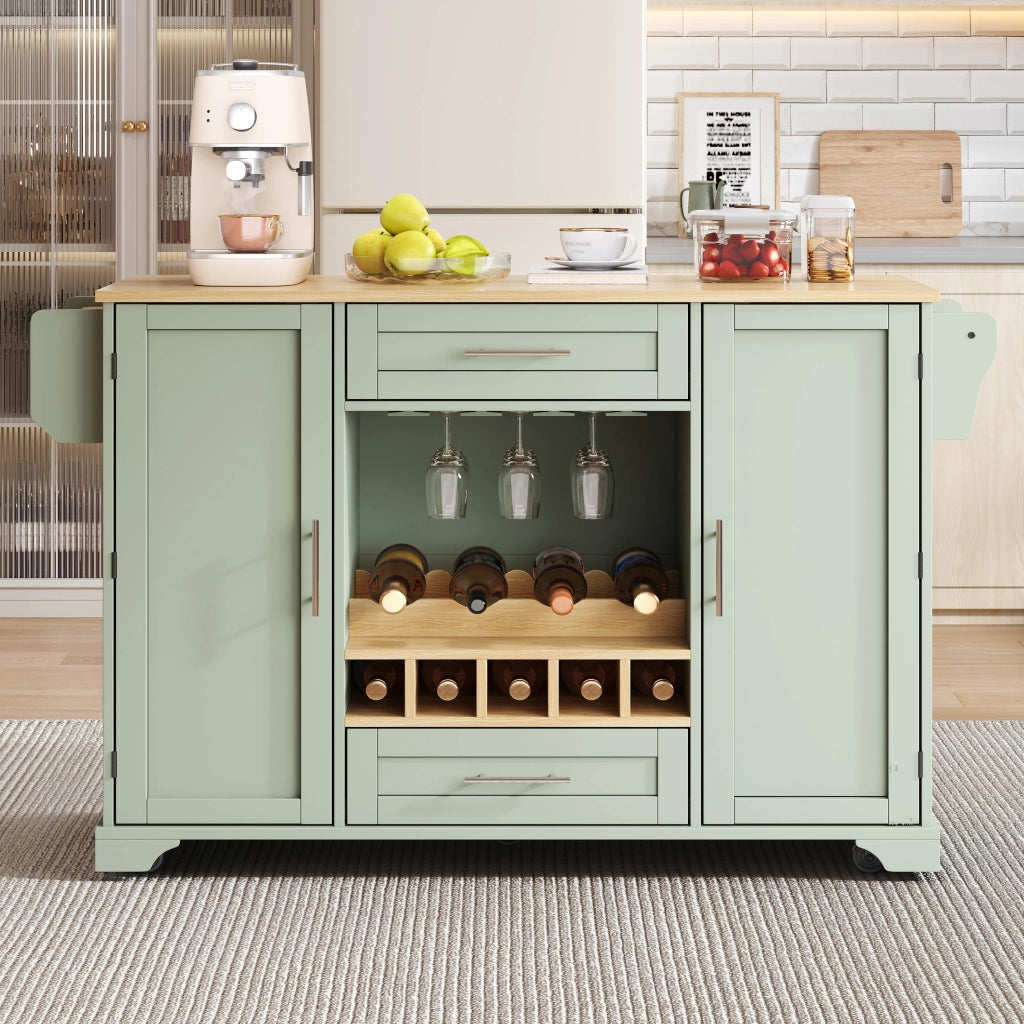 Carrello da cucina con piano estraibile; 2 ante e 2 cassetti con porta bottiglie; in MDF; verde antico; 138×70×92 cm