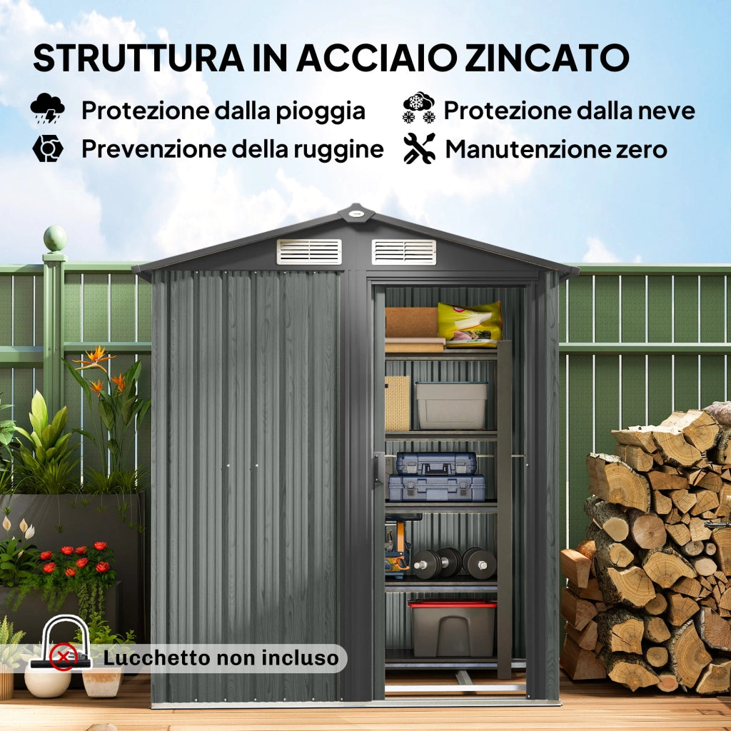Casetta da Giardino Porta Attrezzi in Acciaio con Tetto Inclinato e 4 Prese d'Aria, 152x132x188 cm, Grigio