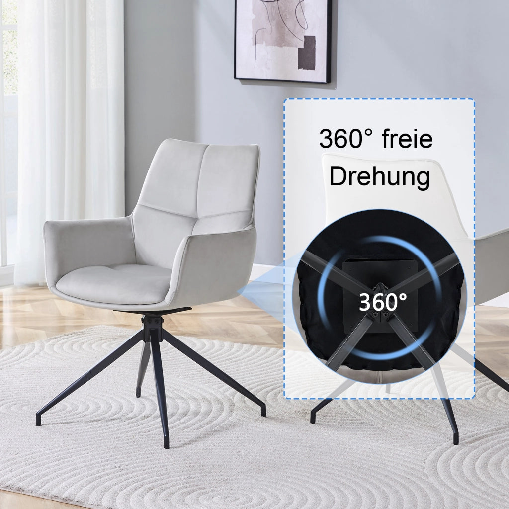 Sedia girevole a 360 gradi in tessuto grigio chiaro e metallo nero con braccioli 71 × 57,5 × 52,5 cm