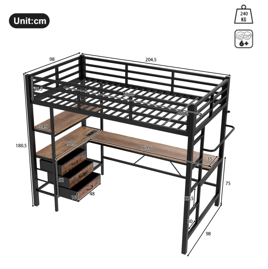 Letto a soppalco 90x200 cm con scrivania, LED, cassetti e USB