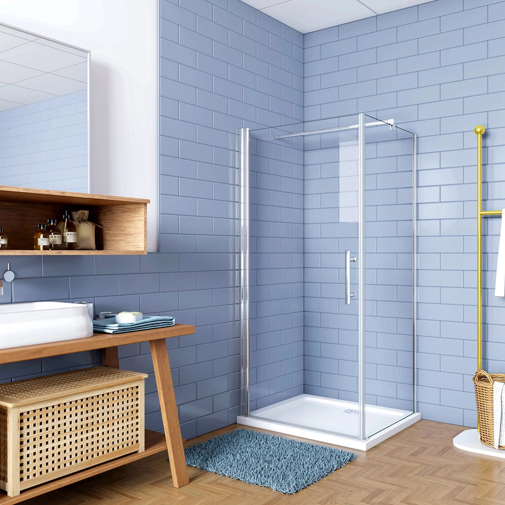 187cm Box Doccia Angolare Porta Battente e Lato Fisso 90x70cm Vetro Trasparente 6mm Anticalcare Barra 140cm Cromato