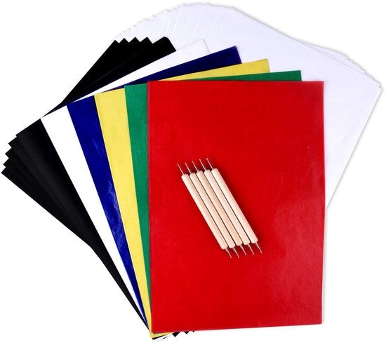 Carta di trasferimento A4 - 125 fogli - 6 colori - Inclusi 5 strumenti per la carta di trasferimento - Adatto per disegni su legno - Per progetti di arte e manualità - Carta di trasferimento