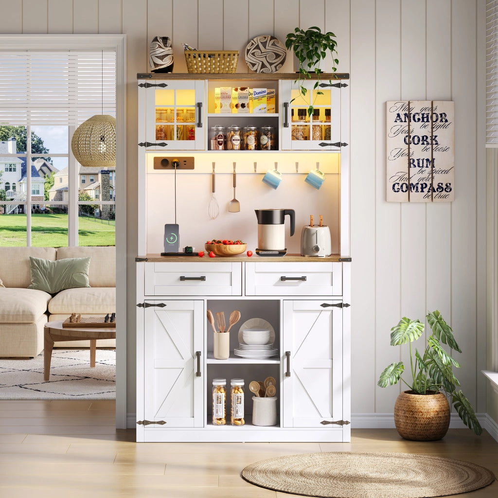 Mobile Bar con LED e Prese, Buffet Cucina con Cassetti e Ripiani ¨C MINIMAL ¨C Bianco