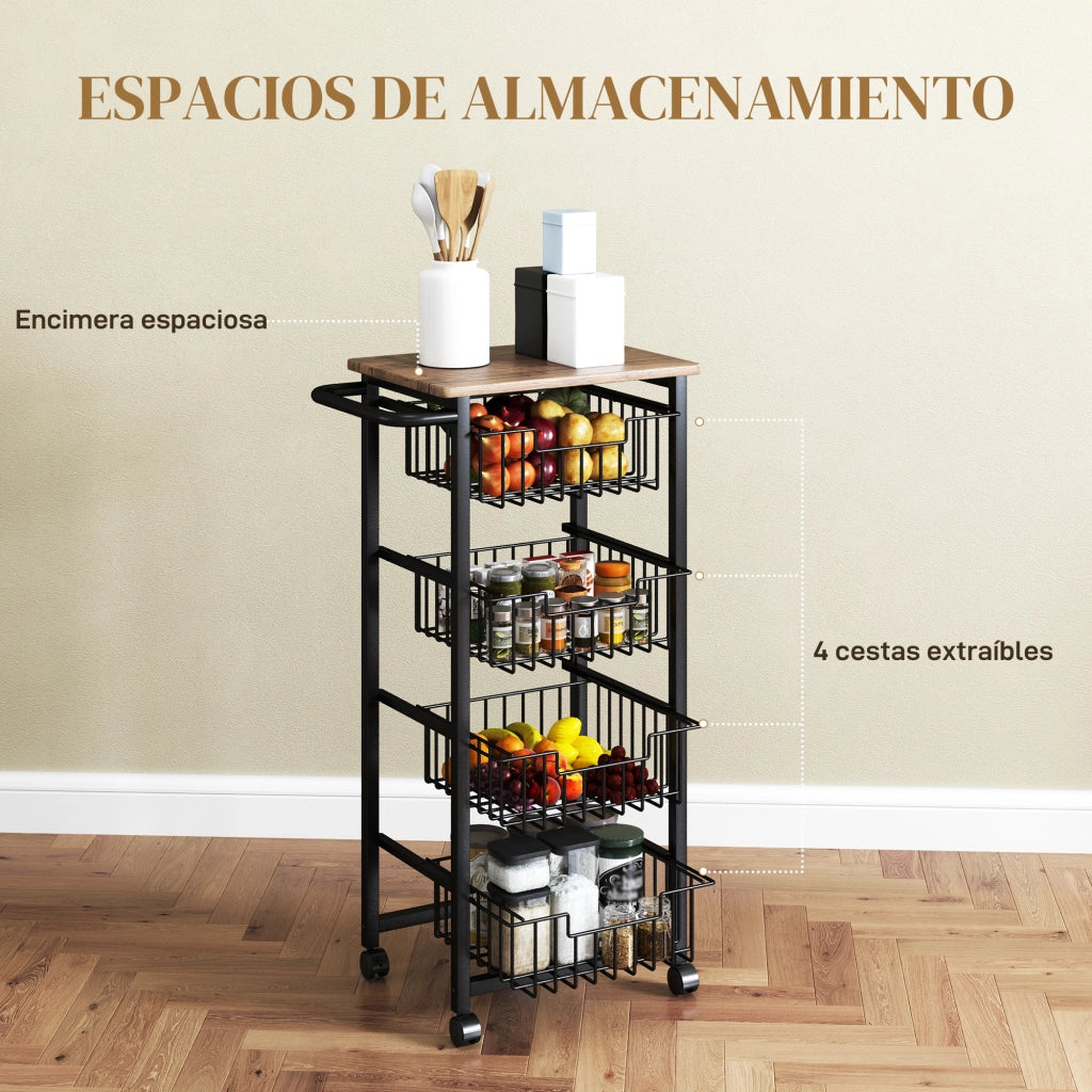 Carrello da Cucina con 4 Cestelli Scorrevoli ¨C Xylo ¨C Struttura in Acciaio 49,5x31x91 cm Rovere