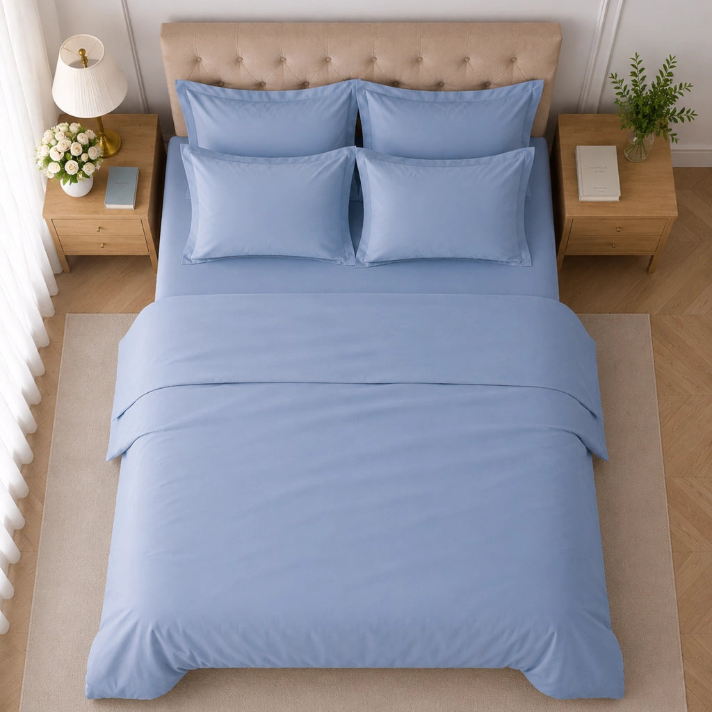 Rova, set Completo Letto Matrimoniale in Cotone, blu Cadetto