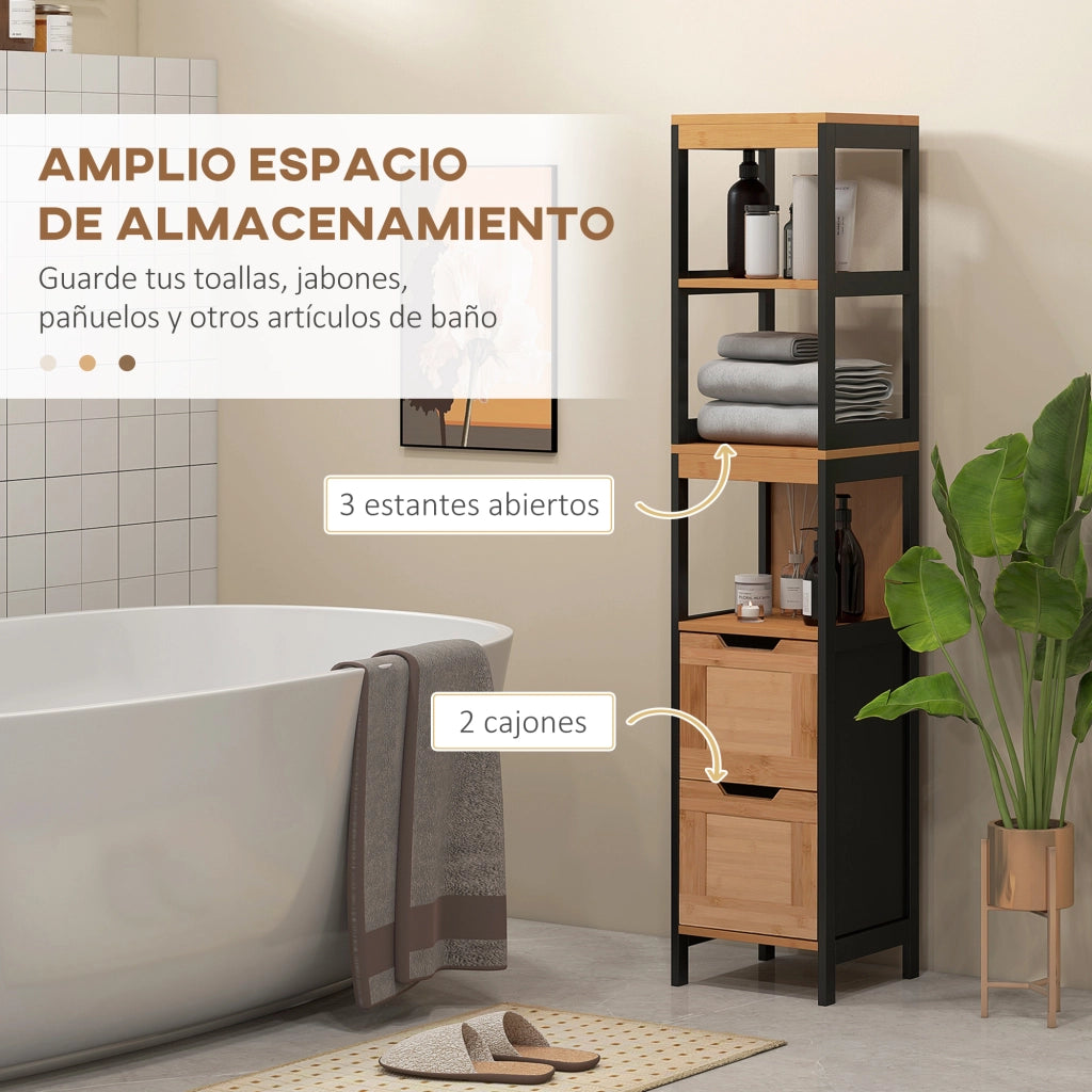 Armadio Bagno Alto con Ripiani e Cassetti ¨C Minimal ¨C 30x30x144 cm Nero e Naturale