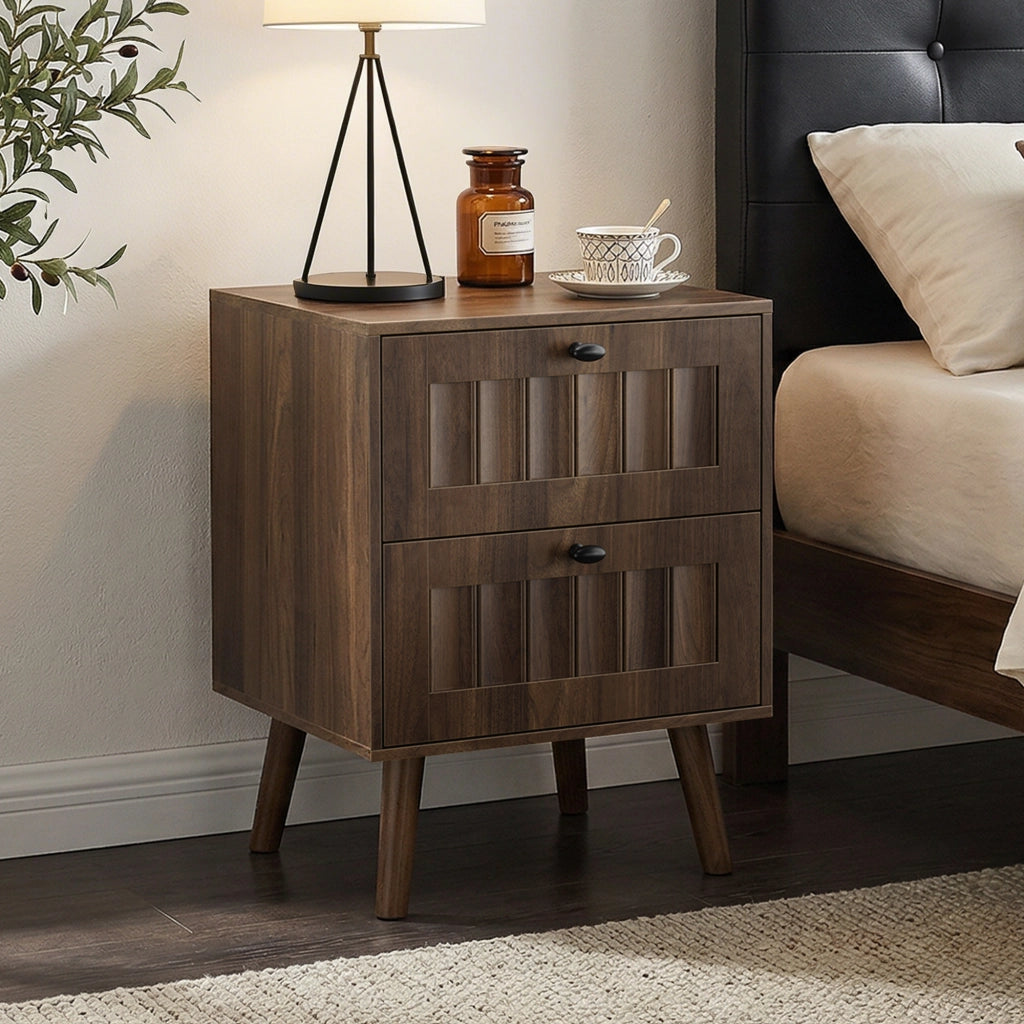 Comodino con 2 cassetti e guide silenziose, design retro con pannelli scanalati, per camera da letto, noce
