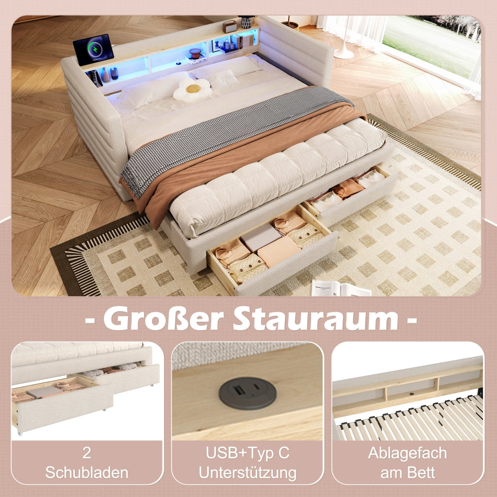 LETTO estraibile 90x190 cm in velluto beige con cassetti e luci LED