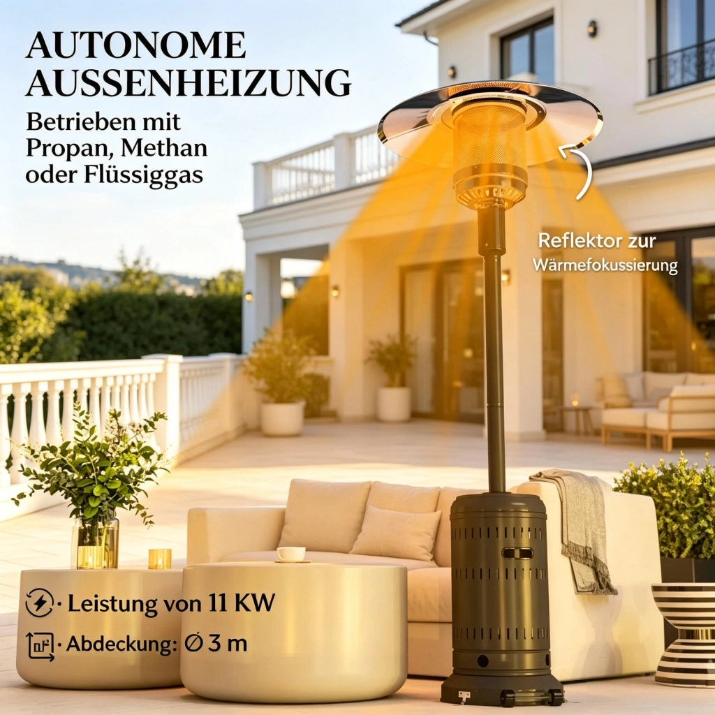 Riscaldatore da esterno per patio, riscaldatore a gas portatile da 11 kW con impostazioni di calore regolabili, riscaldatore a gas per giardino, terra