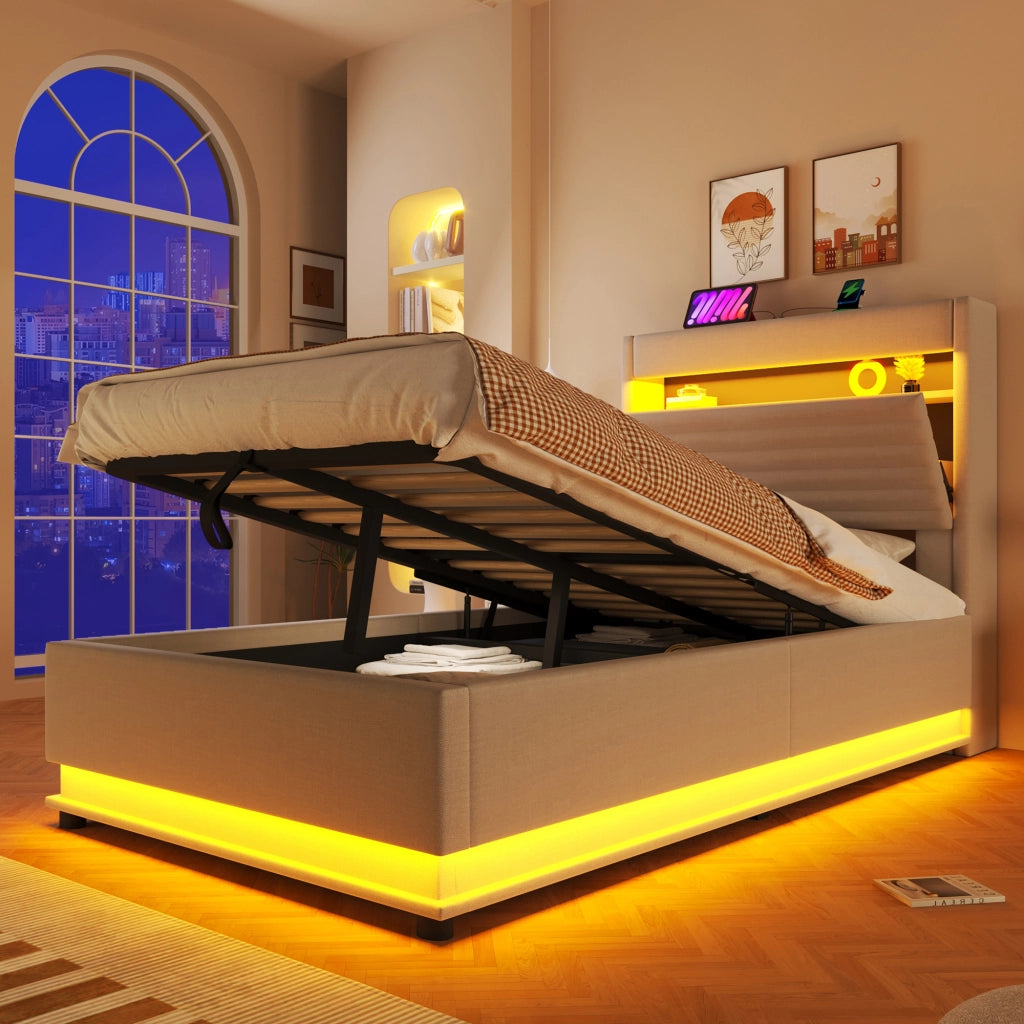 LETTO Contenitore 90x200 cm in lino beige con LED e USB Type-C