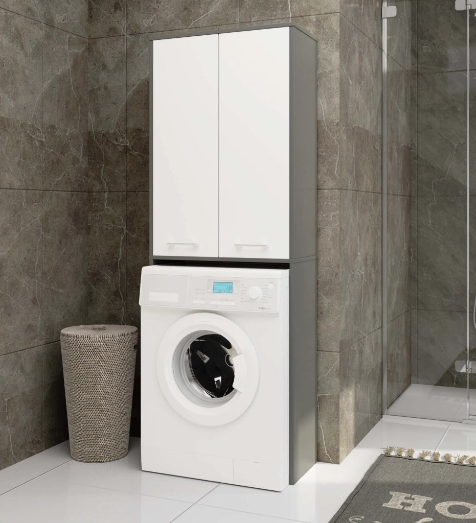 Colonna da bagno AKORD FIN per incasso di una lavatrice Grigia Grafite 64 cm 2 ante inserto frontale Bianco 64x30x180 cm