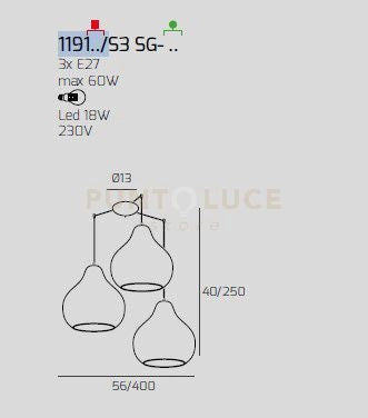 SOSPENSIONE OTTONE SATINATO 3 LUCI SPOSTABILE VETRI GRANDI RUBINO 1191OS-S3 SG-RU