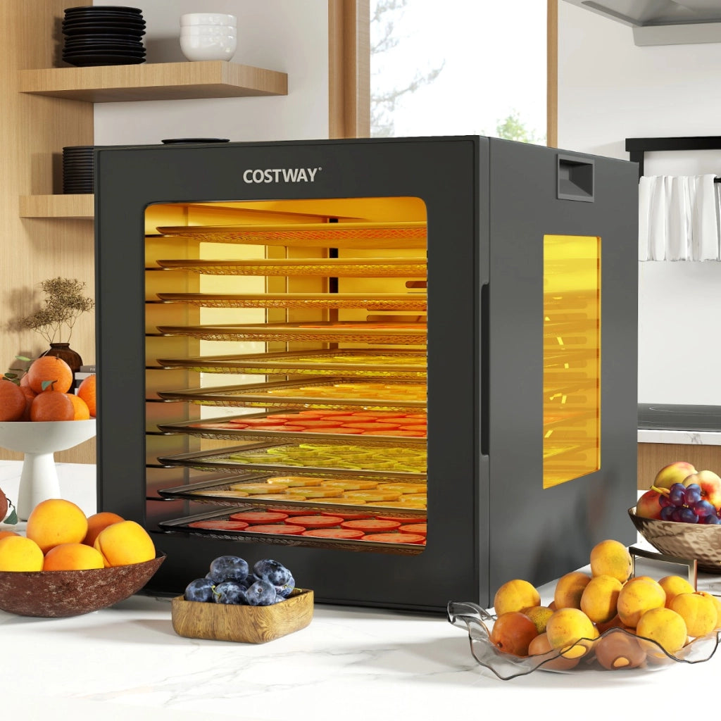 Disidratatore per cibo essiccatore in acciaio inox con 10 vassoi, Macchina essiccatore con 10 programmi preimpostati timer 48 ore e temperatura da 30-75 Nero