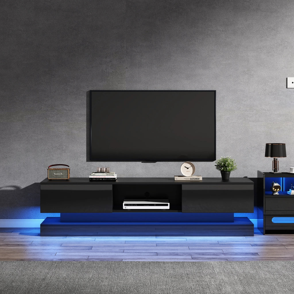 Mobile porta TV nero lucido con LED da app, 2 cassetti, passacavi e design anti-ribaltamento 160 × 35 × 40,5 cm