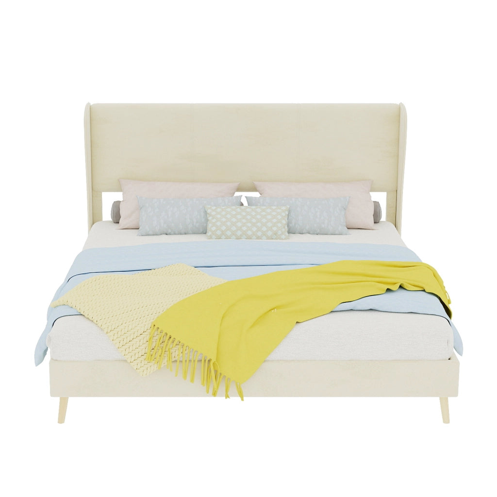 DESMIU Letto matrimoniale 160 × 200 cm 2 posti con testiera, senza materasso, in tessuto e metallo, beige