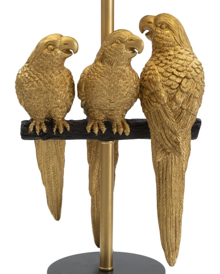 Lampada da tavolo con pappagalli dorati, paralume nero diam 30x62.5cm