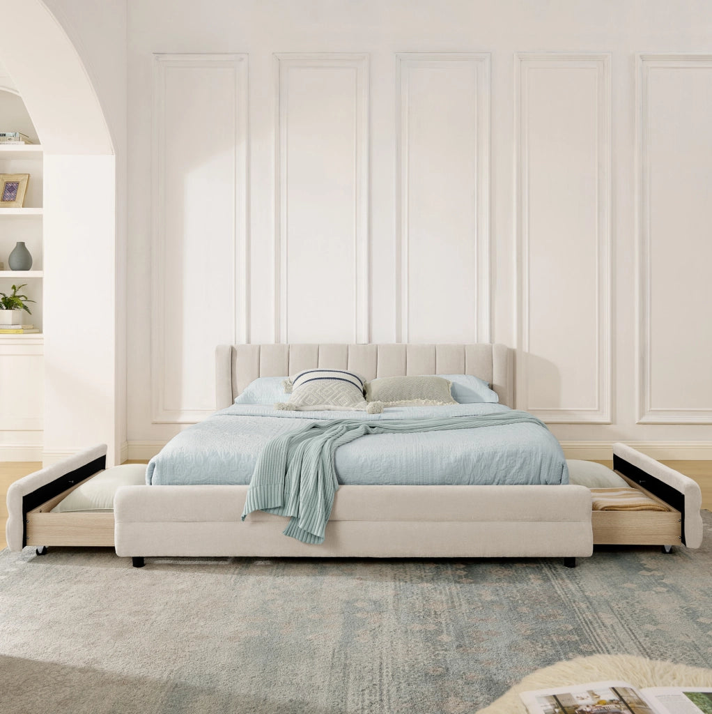 Letto matrimoniale 140x200 cm con 4 cassetti; porta USB; in chenille beige