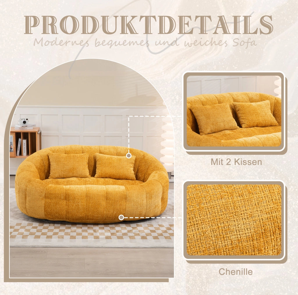 Sacco pouf divano a due posti in ciniglia gialla 150x95x63 cm; con schiuma memory