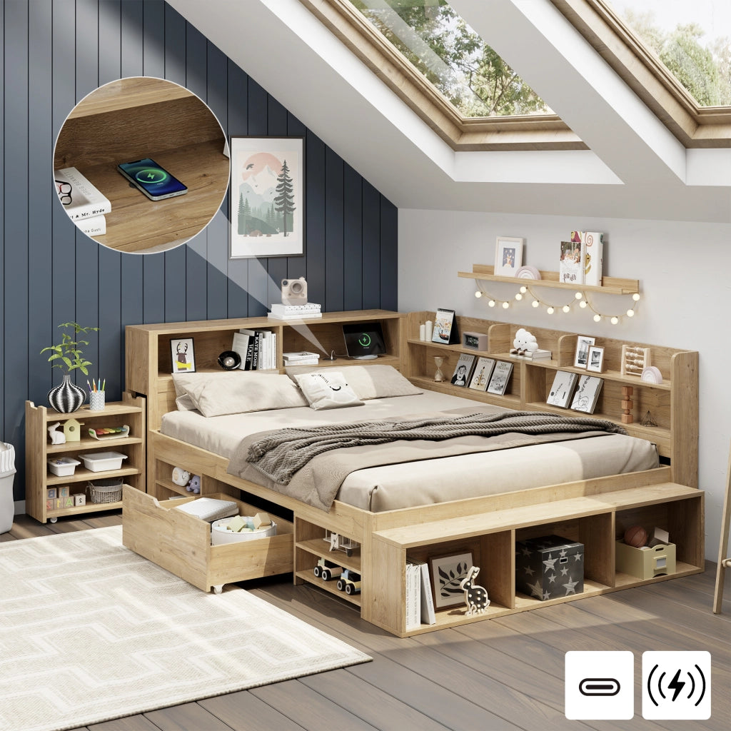 Letto Singolo 140x200 cm con Cassetti; Mensole e Contenitori - in Multistrato - Naturale