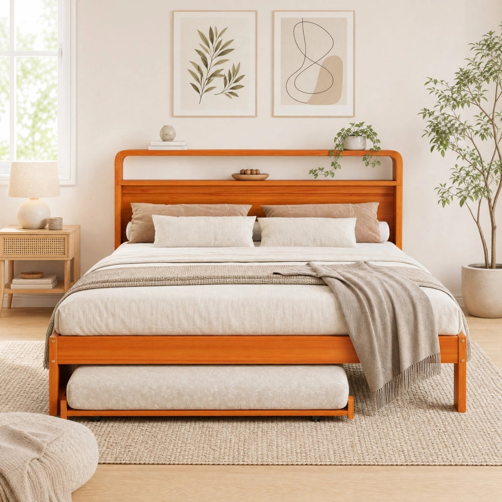 Letto in legno naturale 140x200 cm con letto estraibile 90x190 cm, soluzione 2 in 1 salvaspazio