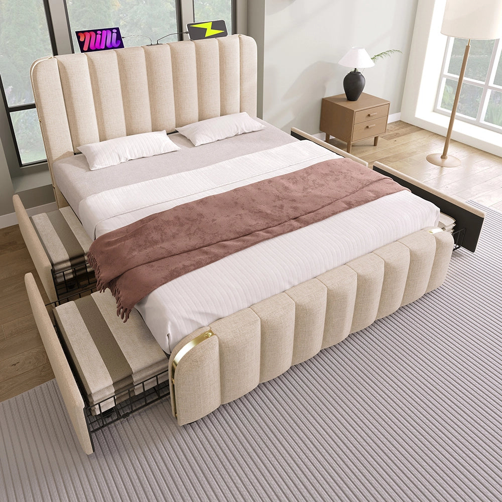 Letto imbottito con 4 cassetti - Xylo - 140x200 cm - Beige - Testiera imbottita doppia con carica USB-C