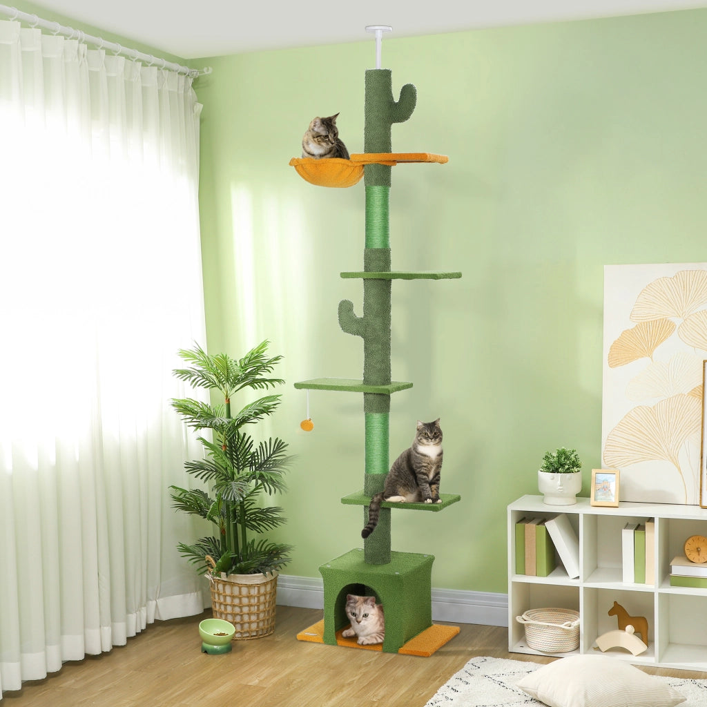 Tiragraffi a soffitto, 230-275 cm, con cuccia, pali per graffiare, pallina da gioco, mobile per gatti con dispositivo antiribaltamento, verde