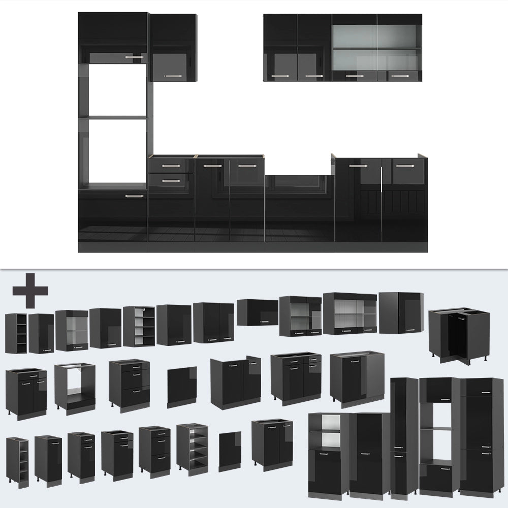 Vicco Cucina componibile Nero lucido/antracite 300 cm con armadio alto, PL Marmo