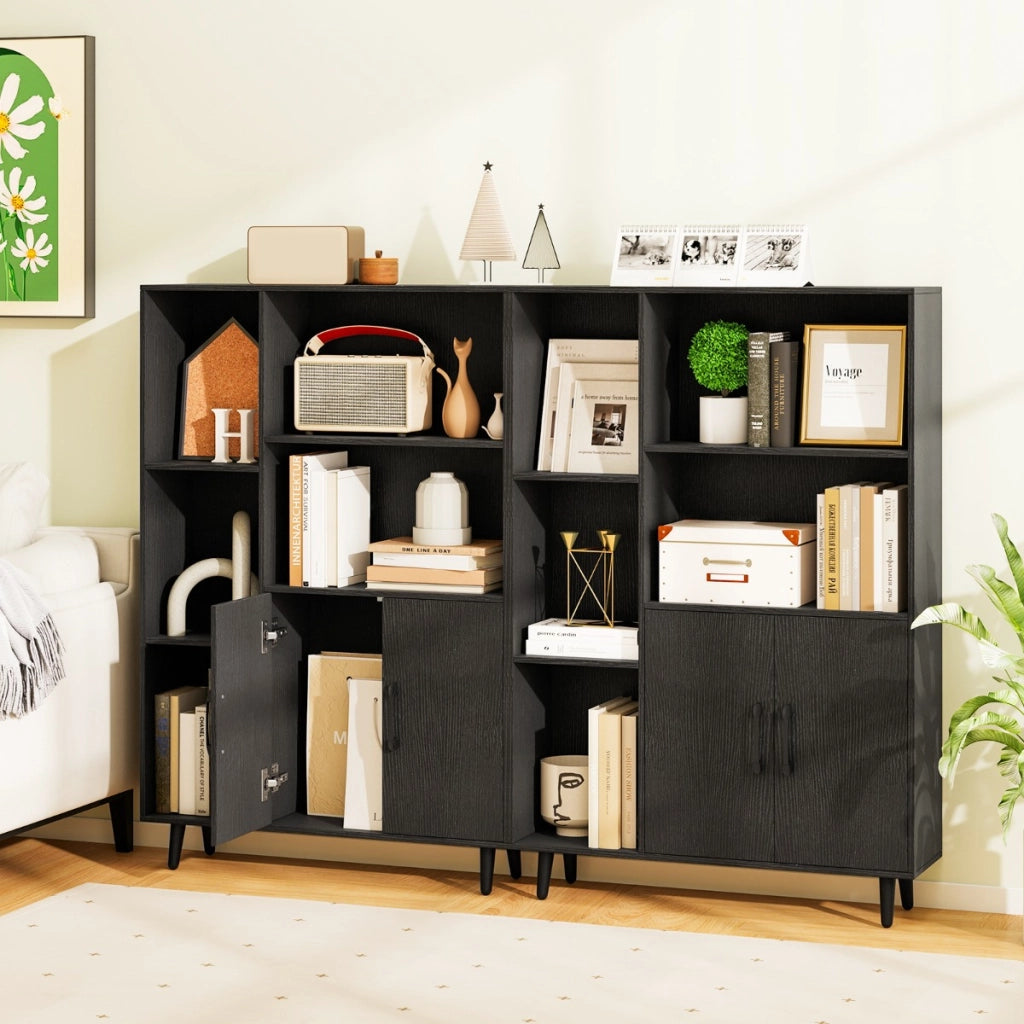 Libreria autoportante con 5 scomparti aperti e armadio, Mobile espositore moderno con piedi in metallo Nero-Librerie