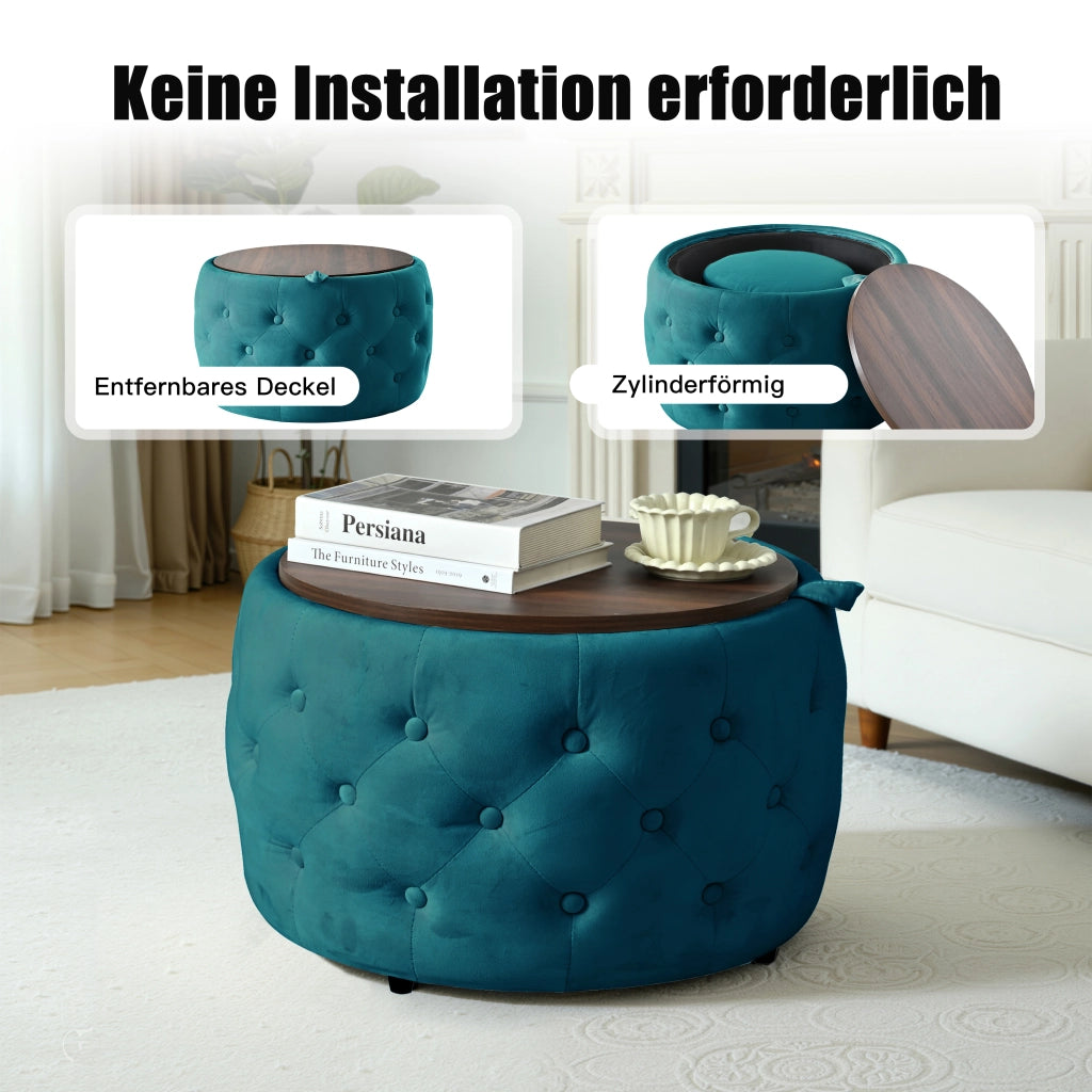 POUF Contenitore Rotondo in Velluto Blu Set da 2 pezzi 58 cm